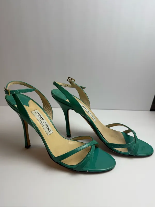 Jimmy Choo Green Patent Leather Strappy Slingback Stiletto Sandals Size 39.5‎ - Image 3