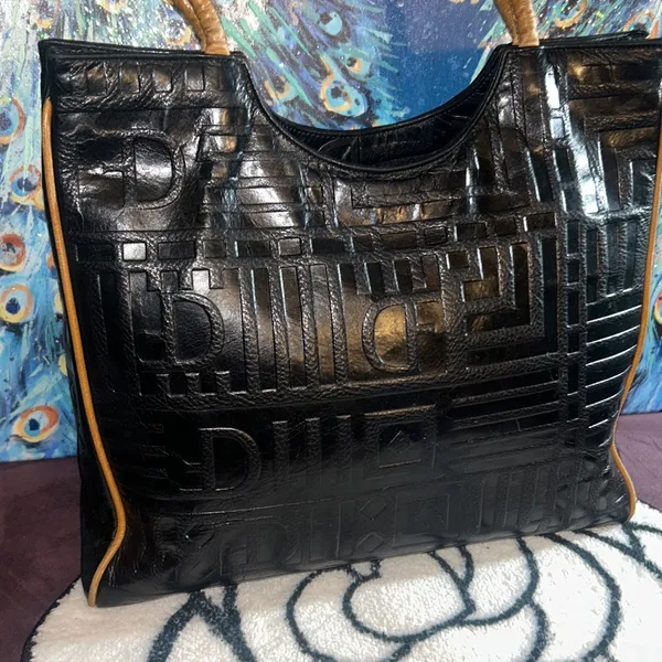 Due Fratelli Black With Tan Accented Leather Shoulder Tote Bag - Image 2