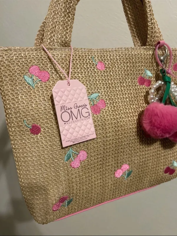 NWT Straw Tote Bag with Pink Cherry Embroidery and removable bag charm - Image 3