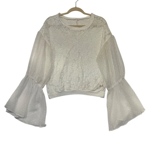 Free People White Floral Lace Swiss Dot Bell Sleeve Blouse‎ Top Ivory Medium - Image 2