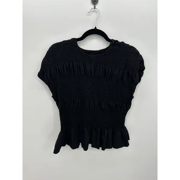 Womens Black Smocked‎ Peplum Top XL Stretch Cottagecore Minimalist - Image 2