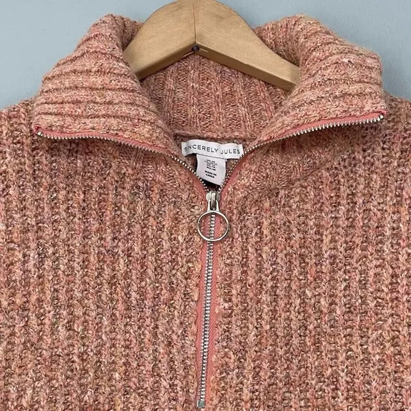 Sincerely Jules Size Medium Pink Wool Blend Cropped Chunky 1/4 Zip Sweater Boho - Image 3