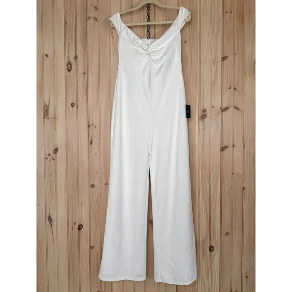 NWT Lulus Stunning Existence White Off-the-Shoulder Knot-Front Jumpsuit Size L - Image 2