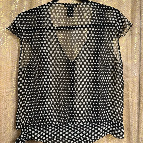 SilkLand Vintage Y2K Black White Polka Dot 100% Silk Ruffle Sheer Top XL - Image 2
