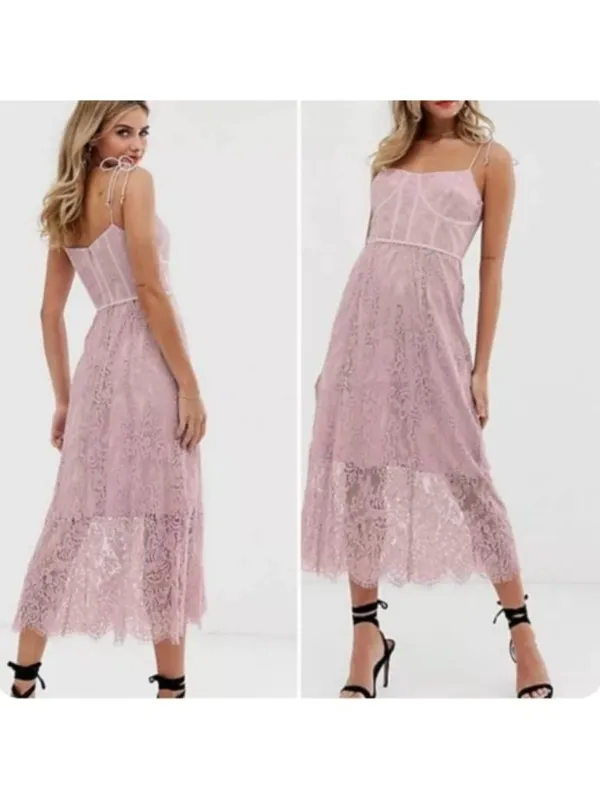 Keepsake The Label Sense Lace Midi Dress 10 Pink Sheer Sweetheart Tie Sleeve - Image 14
