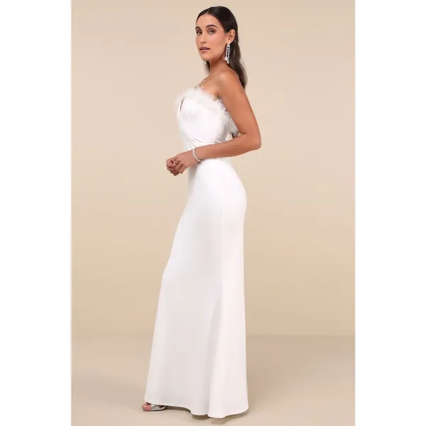 Lulus Extraordinary Glam White Feather Strapless Mermaid Maxi Dress Medium NWT - Image 3