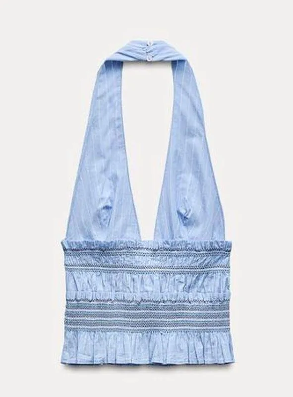 Zara NWT blue pin stripe halter neck deep V smocked ruffle detail top - Image 6