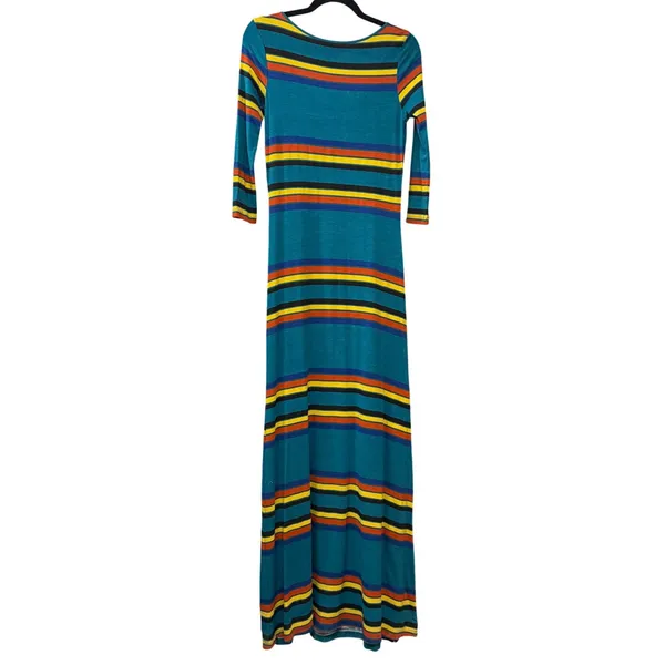 Hive & Honey‎ XS 3/4 Maxi Dress Teal Multicolor Striped Bodycon Boho Retro 70s - Image 5