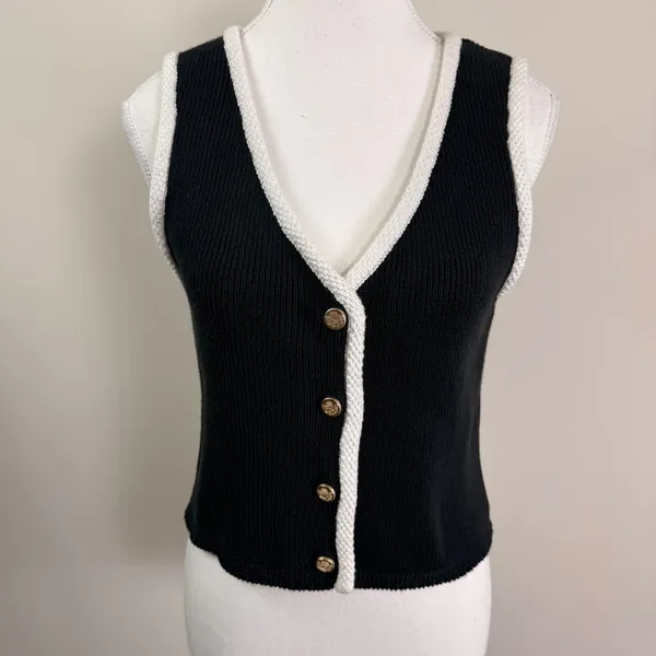 Abercrombie & Fitch Mara Button-Up Sweater Vest Black White Contrast Trim Med. - Image 2