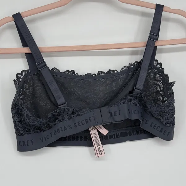 Victorias Secret Logo Band Lace‎ Bralette Dark Grey Floral Scalloped Large L/G - Image 2