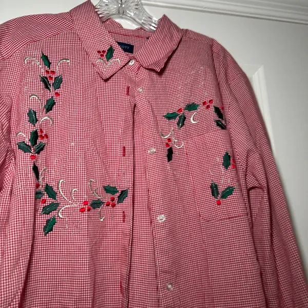 Karen Scott Womens XL Red Gingham Embroidered Holly Christmas Button Down Shirt - Image 2