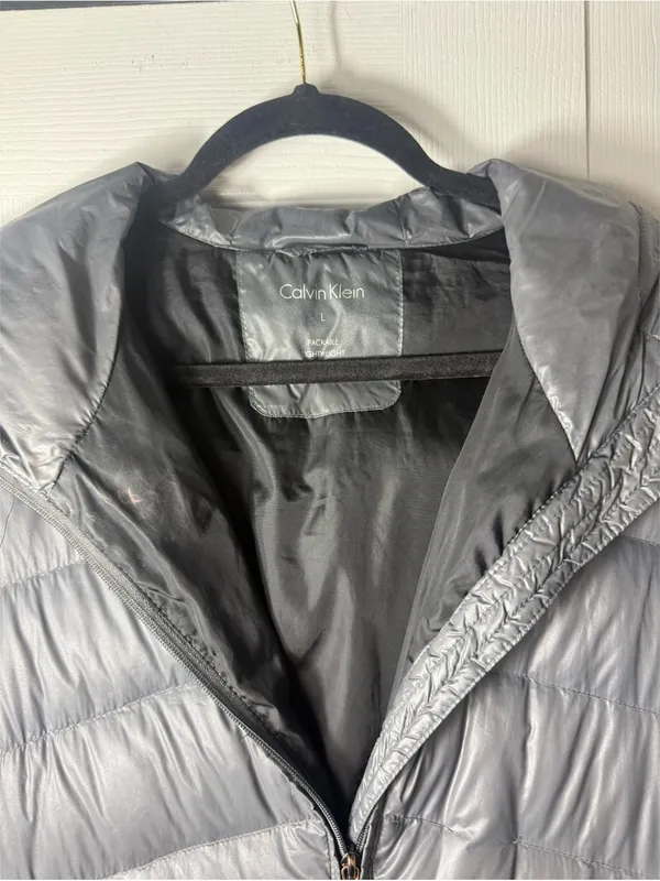 Calvin Klein Grey Duck Down Puffer Long Coat Packable Hooded Zip Size Large - Image 11