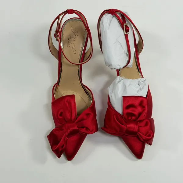 Jewel Badgley Size-7.5 Womens Mischka Francine Red Satin Bow Ankle Strap Pumps - Image 9