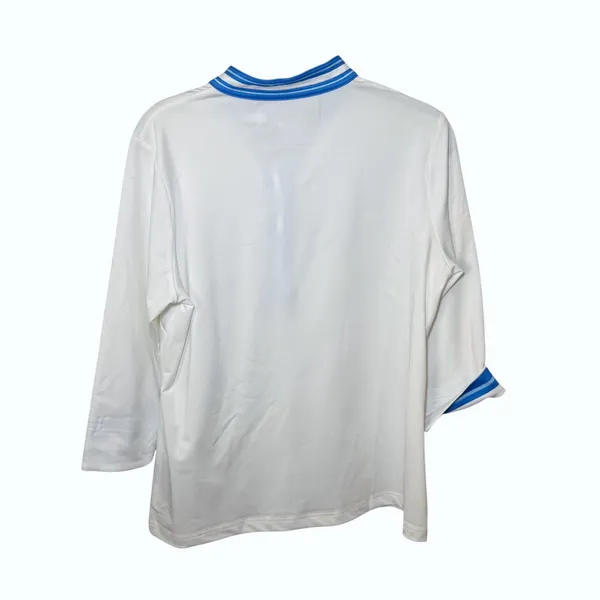 Gretchen Scott‎ Mandarin Top Women M White Blue Striped Trim 3/4 Sleeve Stretch - Image 6