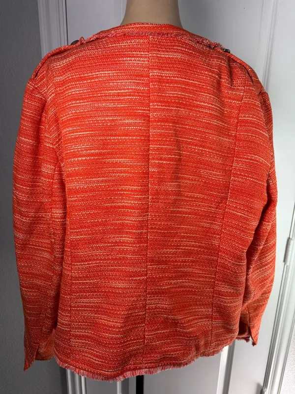 Chico's Orange Tweed Fringe Asymmetrical Zip Moto Jacket Size 3 XL - Image 6