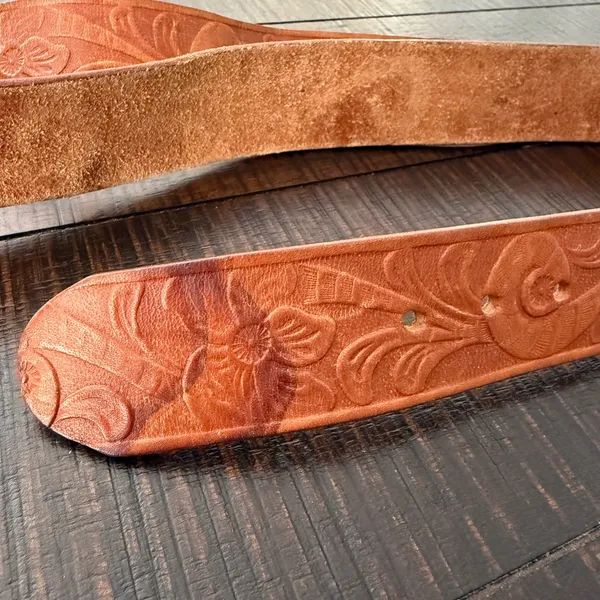 Tooled Leather Saddle Buckle Women's Belt 36 Brown Floral Buckle Western Floral - Image 6
