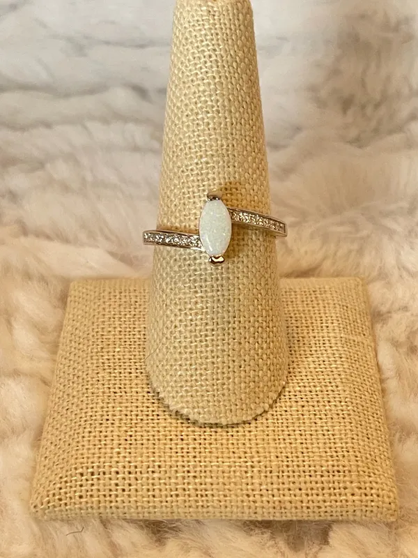 Sterling Silver White Opal Marquise Ring CZ Accents Size 9 Dainty Stackable - Image 7