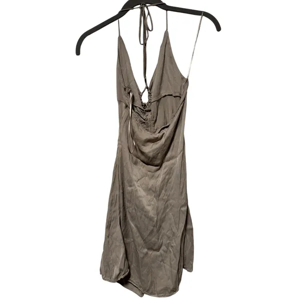 Zara Taupe Halter Mini Dress Womens XS Open Back Ruched Tie A Line Made Turkey - Image 10