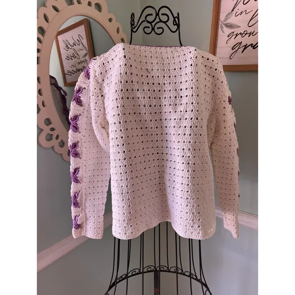 Handmade Crochet Cardigan Womens Medium Cream Purple‎ Bows Tie Front Long Slv - Image 5