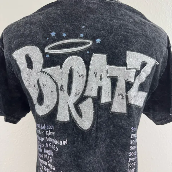 BRATZ Y2K Vibes Dark Grey Acid Wash Reworked Side Slit Angel Dolls Graphic Tee - Image 7