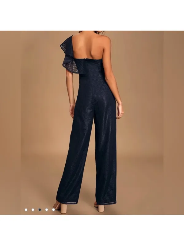Lulu's Navy One-Shoulder Ruffle Wide-Leg Jumpsuit with Mesh Sleeve - Image 3