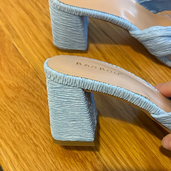 BAMBOO Sky Blue Knotted Block Heel Slides - Image 4