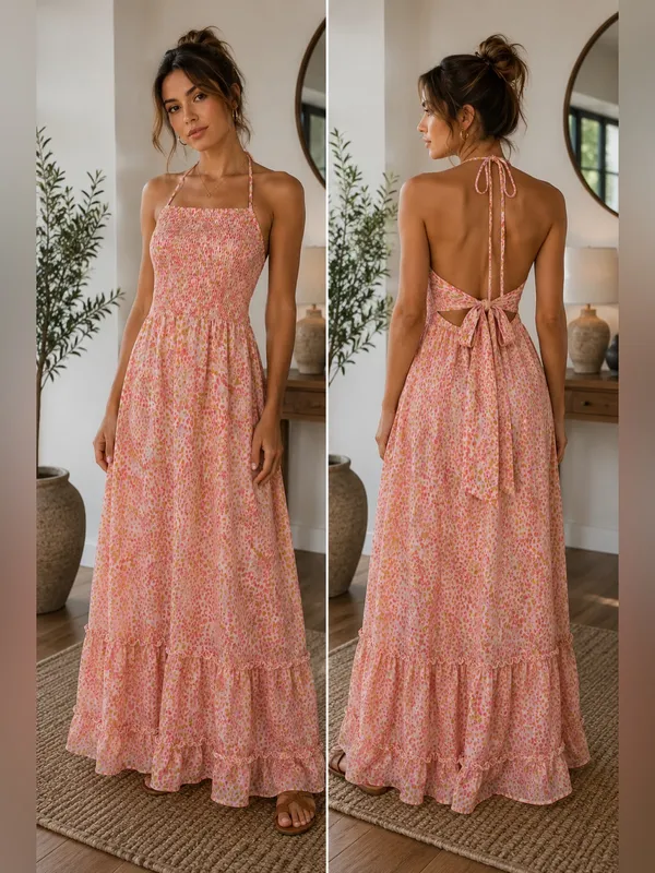 Koko + Mason Floral Halter Maxi Dress Size XL NWOT Open Back Smocked Boho - Image 2