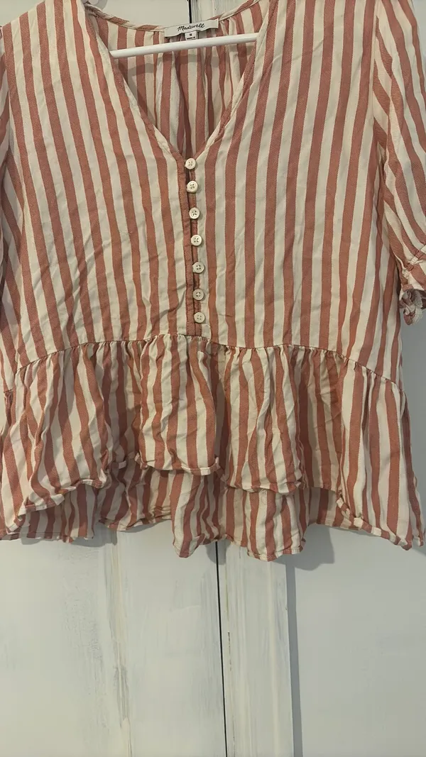 Madewell Blouse Pink Striped White Ruffle Bottom Medium - Image 7