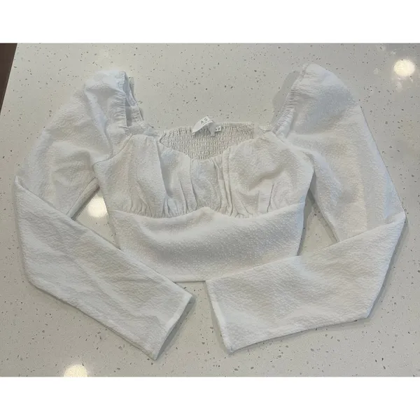 ASTR The Label Sweetheart Neck Ruched Crop Top Puff Sleeve White Small‎ - Image 3