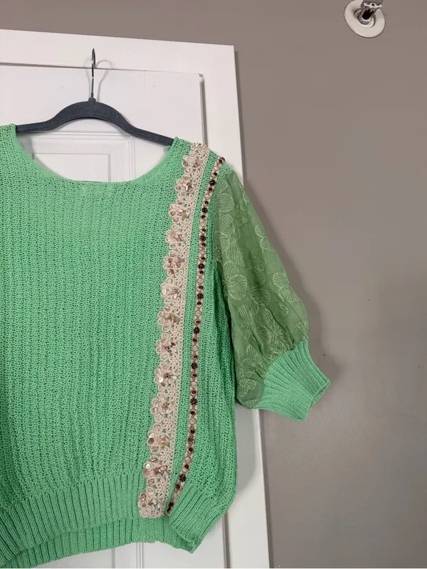 POL Mint Green Puff-Sleeve Knit Top with Lace Trim - Image 9