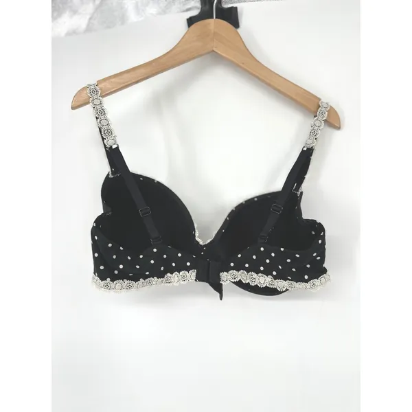 Victoria Secret Lined Demi Bra 36C Black Polka Dot Lace Bow Lingerie Pinup Retro - Image 3