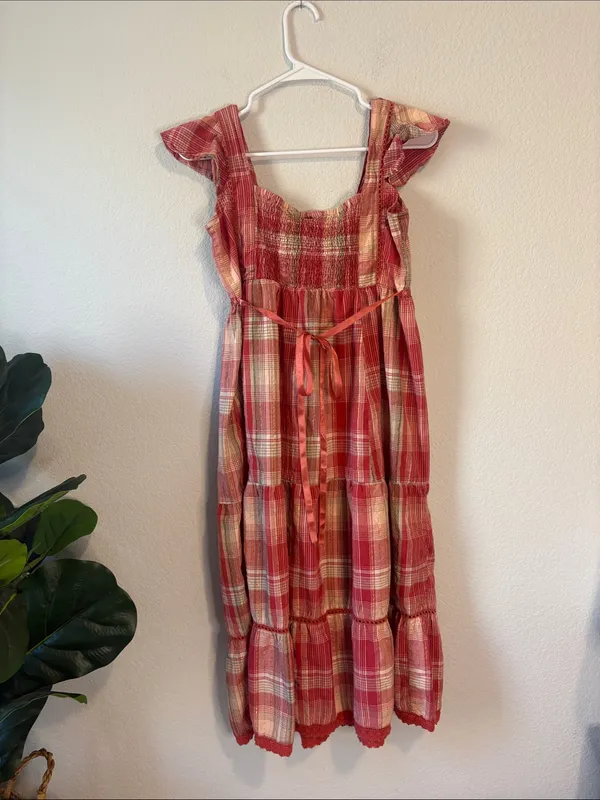 Vintage Jane Ashley Red Plaid Tiered midi dress with tie waist on back small - Image 4
