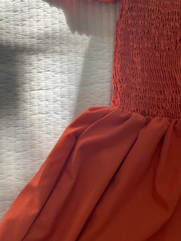 rust orange smocked midi maxi dress Red - Image 4