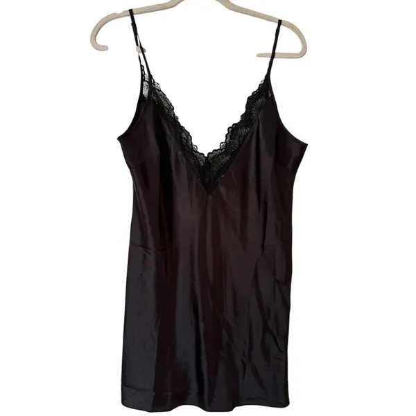 INC Intimates Black Satin Lace V Neck Camisole Nightgown Slip Dress Size Medium - Image 2