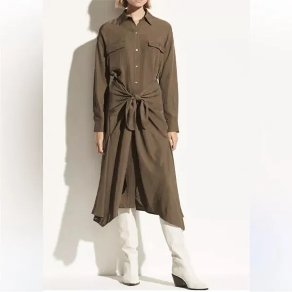 Vince olive green button front‎ tie front asymmetric hemline shirtdress size xs - Image 12