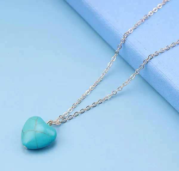 Turquoise Heart Necklace on Silver Chain Blue - Image 3