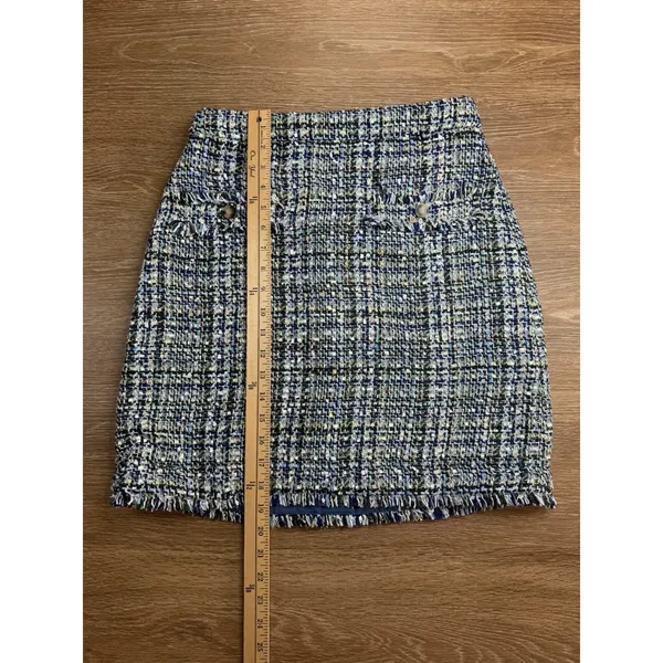 Ann Taylor Tweed Skirt Women 2 Blue Green Boucle A-Line Mini Fringe Pockets - Image 7