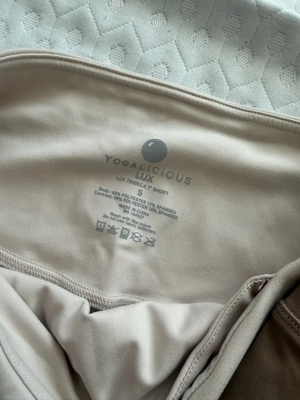 Yogalicious Lux High-Waist Biker Shorts in Taupe and Cream - Image 3