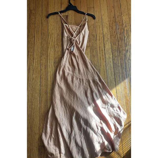 Hello Molly Dress Womens XS Beige Satin Cowl Neck Tie Back Slip Maxi Formal - Image 5