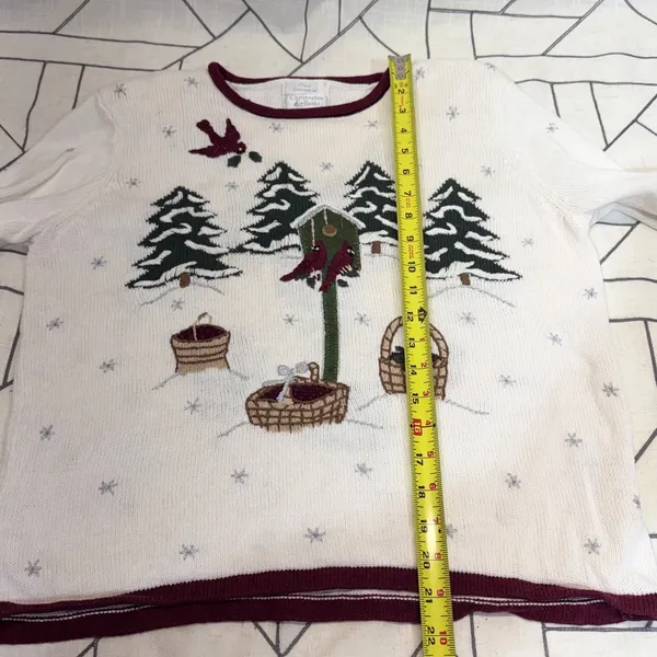 Christopher & Banks Sweater Small White Winter Cardinal‎ Hand Embroidered 2003 - Image 3