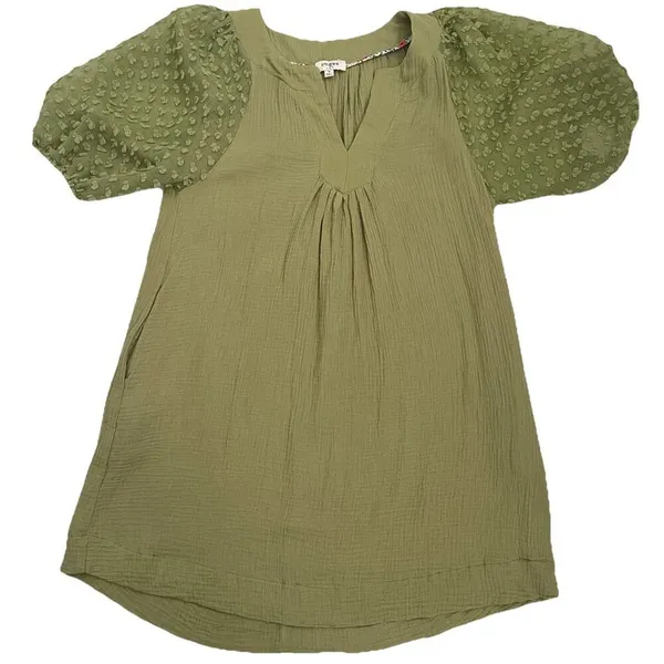 NEW Umgee Olive Green Swiss Dot Mini Dress Puff Sleeve MEDIUM Boho - Image 5
