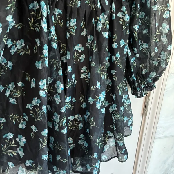 Lulus Black Blue Floral Puff Sleeve Square Neck Babydoll Mini Dress Medium‎ - Image 11