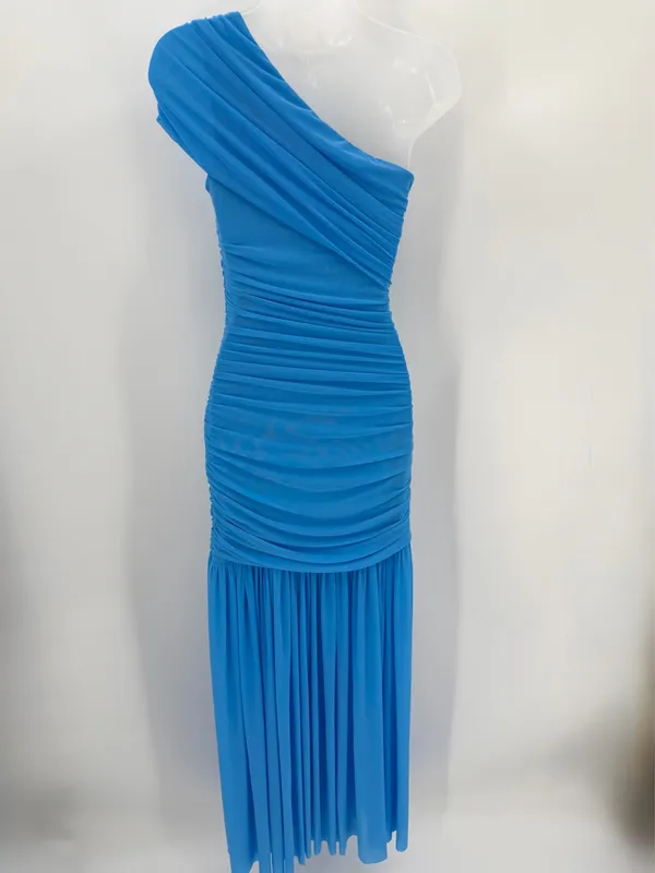 Formal Bodycon Dress Women’s S Blue Ruched Mesh One Shoulder Maxi-LAGSHIAN Brand - Image 2
