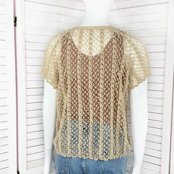 Vintage Boho Crochet Lace Sheer Topper Cardigan Button Up Tan Medium Cottagecore - Image 4