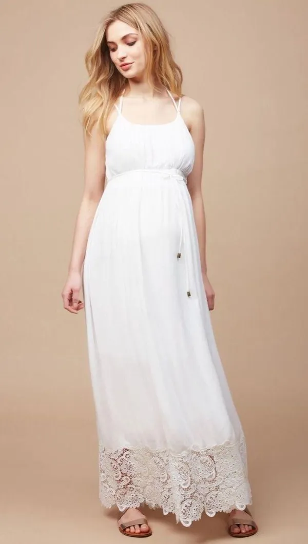 Motherhood Maternity Lace Hem Boho Maxi Dress in White size Small, NWOT - Image 3