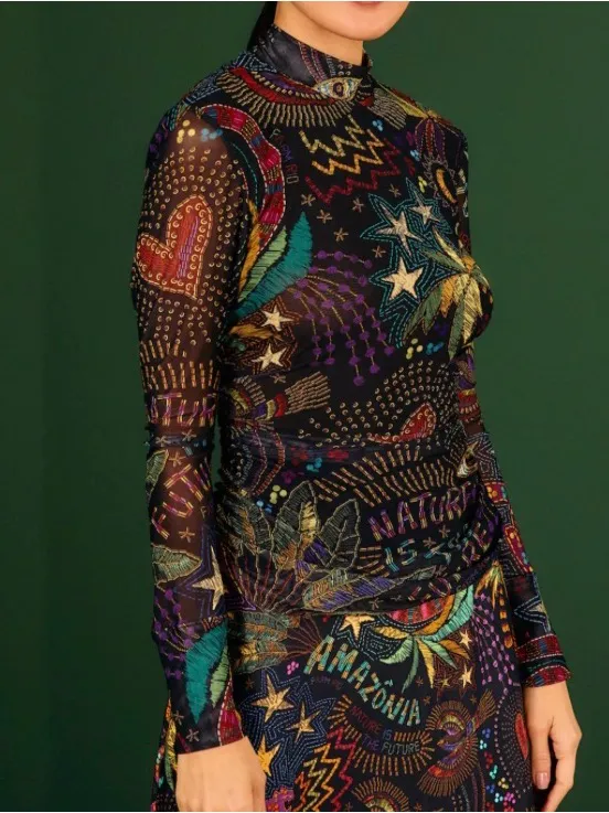 Farm Rio Amazonia Tulle Blouse Multicolor Sheer Mock Neck Size S - Image 10