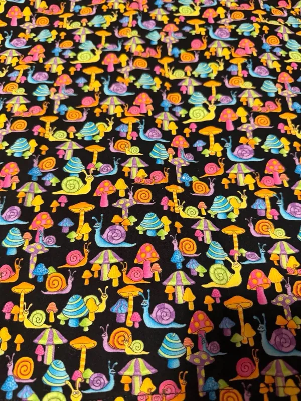 Source Unknown Black Short Sleeve scrub top w/ Colorful Mushroom and snail Print - Image 3