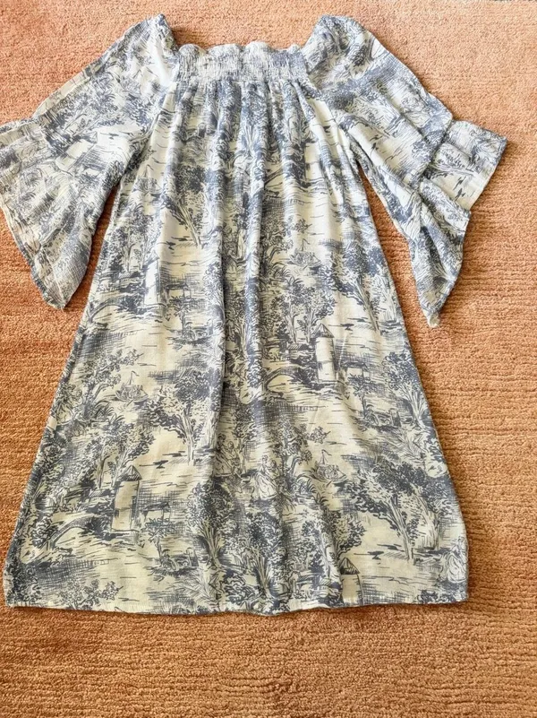 Made Gray & White Toile Print Dress Size S Off Shoulder Bell Sleeve - Image 5