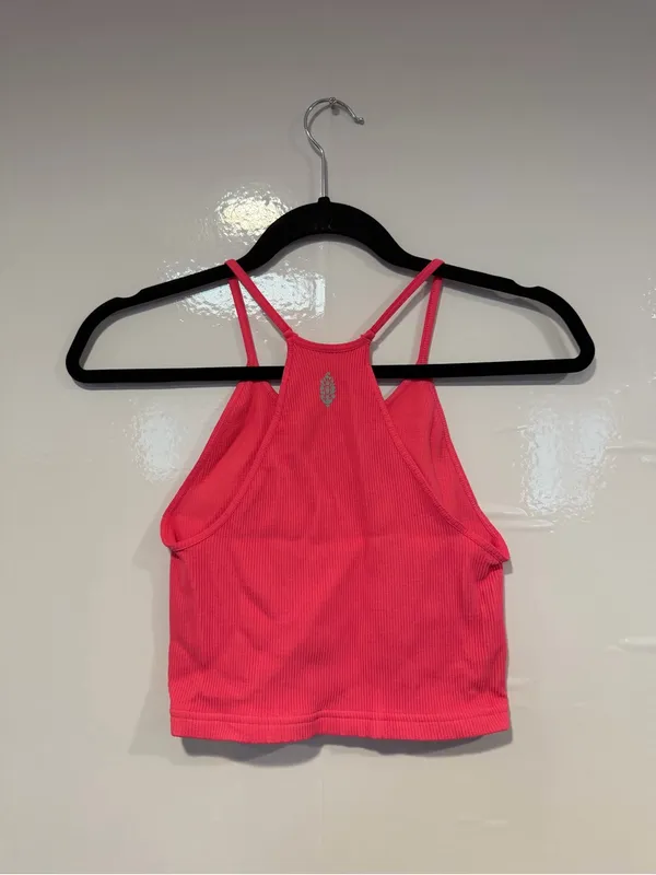 Bright Pink Ribbed Free People Movement‎ Cropped Tank Top - Image 3