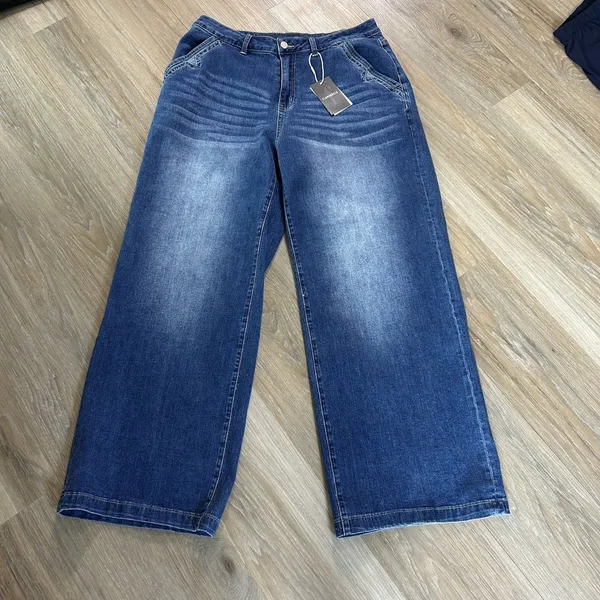 Flamingals Sz 2XL Wide Leg Jeans Mid Waist Baggy Stitch Decor Washed Pants New - Image 13